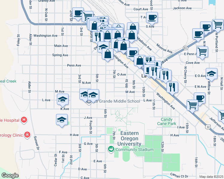 map of restaurants, bars, coffee shops, grocery stores, and more near 1206 7th Street in La Grande