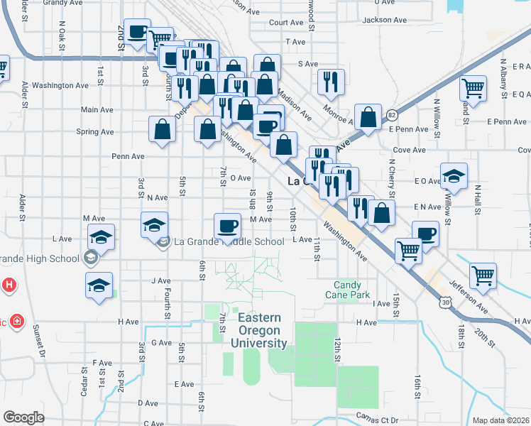 map of restaurants, bars, coffee shops, grocery stores, and more near 1302 9th Street in La Grande