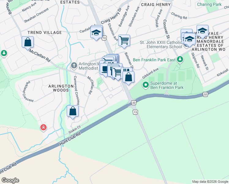 map of restaurants, bars, coffee shops, grocery stores, and more near 21 Midland Crescent in Ottawa