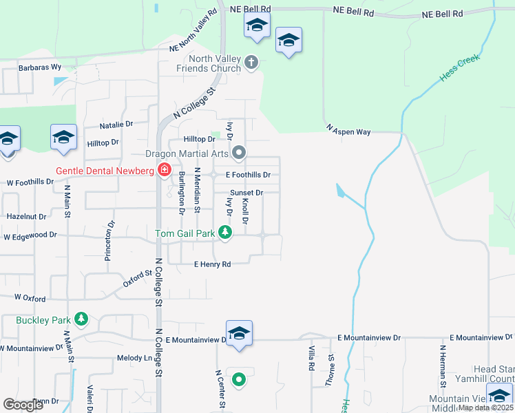 map of restaurants, bars, coffee shops, grocery stores, and more near 1223 Sunset Drive in Newberg