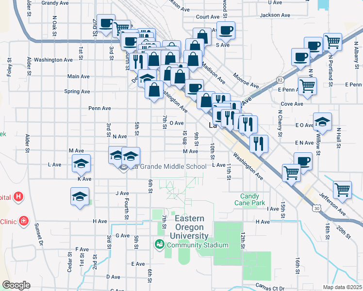 map of restaurants, bars, coffee shops, grocery stores, and more near 1304 8th Street in La Grande