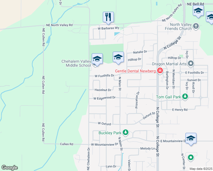 map of restaurants, bars, coffee shops, grocery stores, and more near 127 Tukwila Drive in Newberg