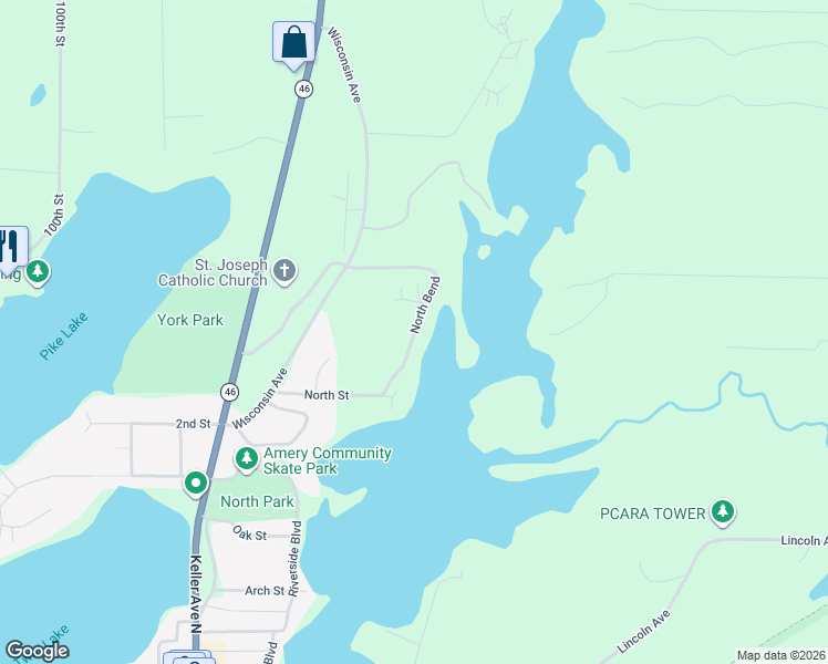 map of restaurants, bars, coffee shops, grocery stores, and more near North Bend Street in Amery