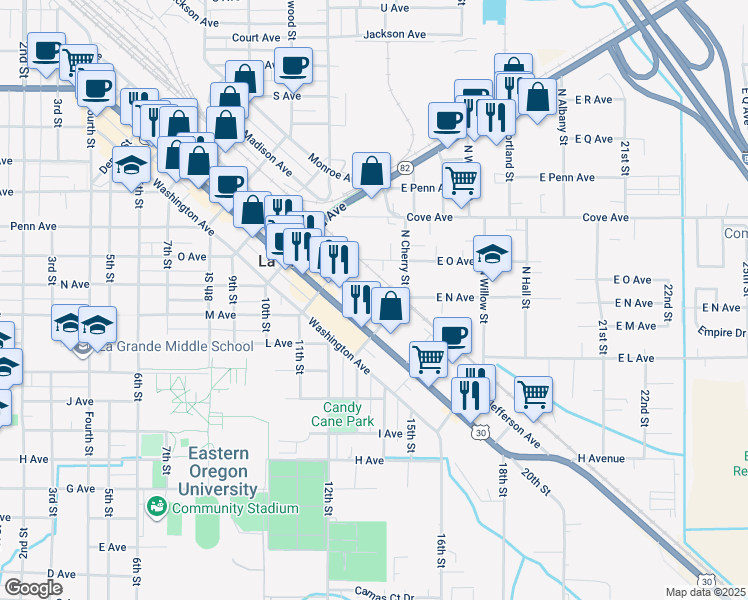 map of restaurants, bars, coffee shops, grocery stores, and more near 1901 Jefferson Avenue in La Grande