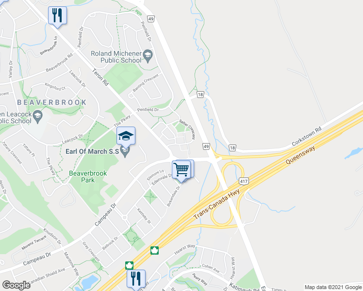 map of restaurants, bars, coffee shops, grocery stores, and more near 121 Salter Crescent in Ottawa