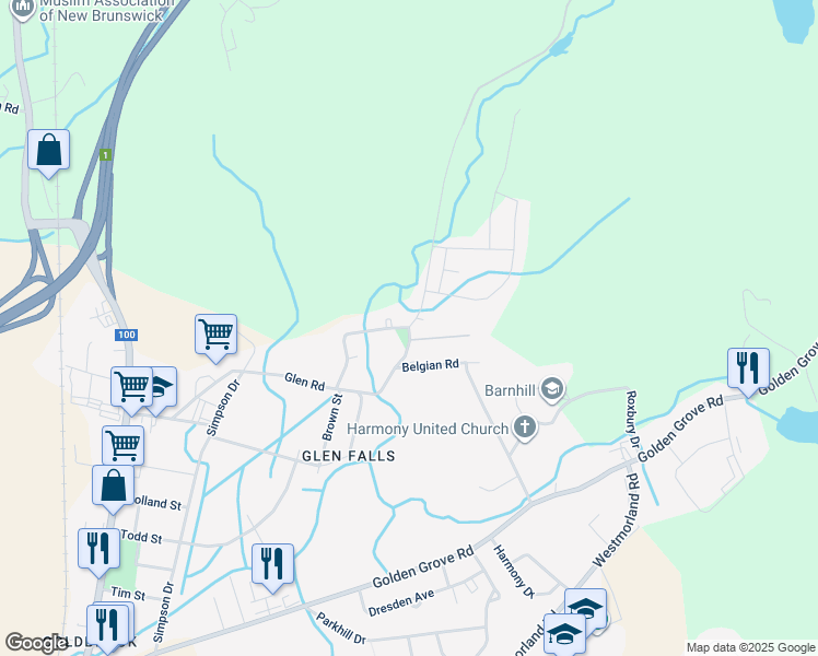 map of restaurants, bars, coffee shops, grocery stores, and more near Glen Road in Saint John