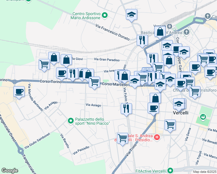 map of restaurants, bars, coffee shops, grocery stores, and more near 140-142 Corso Marcello Prestinari in Vercelli