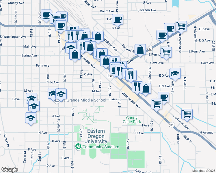 map of restaurants, bars, coffee shops, grocery stores, and more near 1702 1/2 Washington Avenue in La Grande