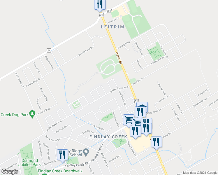 map of restaurants, bars, coffee shops, grocery stores, and more near 410 Stalwart Crescent in Ottawa