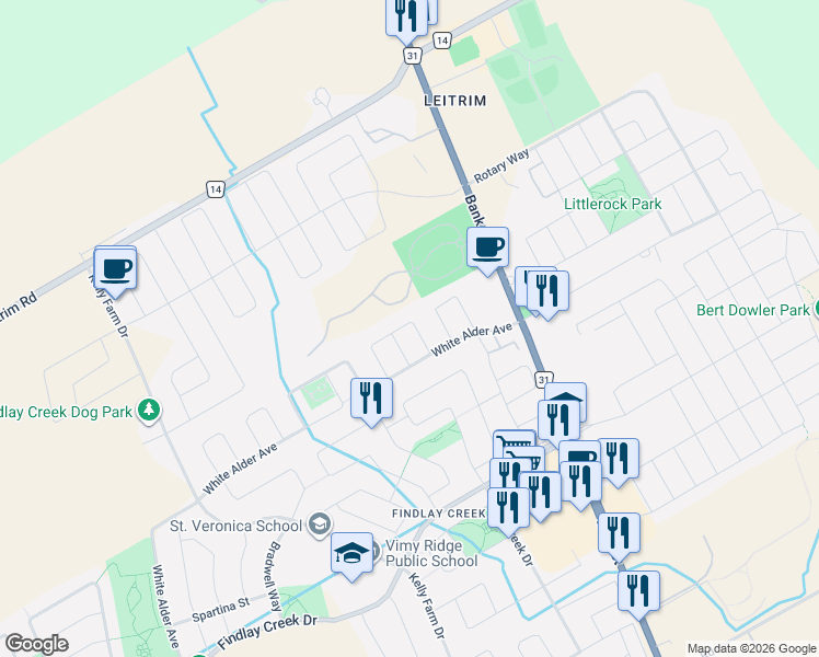 map of restaurants, bars, coffee shops, grocery stores, and more near 179 Flat Sedge Crescent in Ottawa