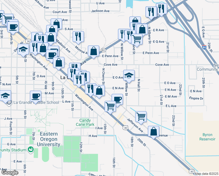 map of restaurants, bars, coffee shops, grocery stores, and more near 1911 East North Avenue in La Grande