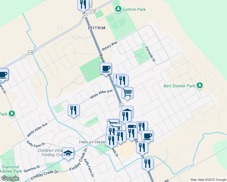map of restaurants, bars, coffee shops, grocery stores, and more near 920 White Alder Avenue in Ottawa