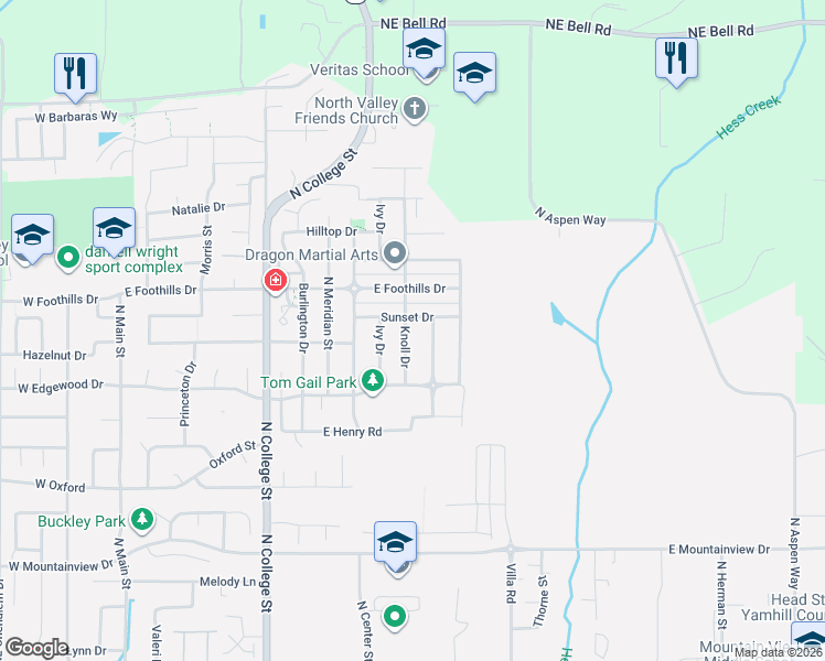 map of restaurants, bars, coffee shops, grocery stores, and more near 3220 Knoll Drive in Newberg