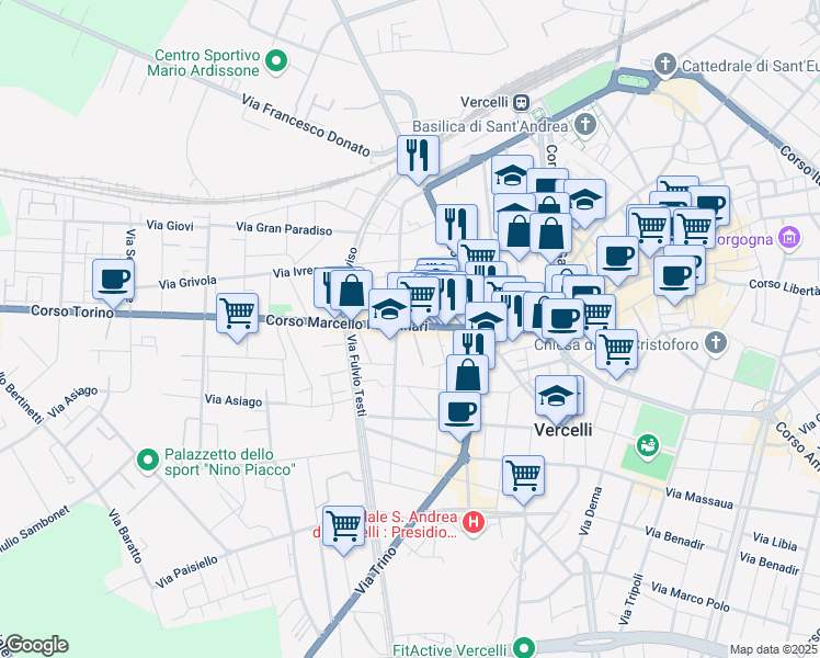 map of restaurants, bars, coffee shops, grocery stores, and more near 87 Corso Marcello Prestinari in Vercelli