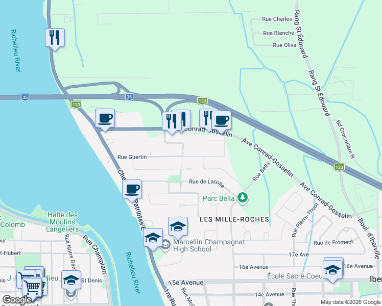 map of restaurants, bars, coffee shops, grocery stores, and more near 65 Rue Guertin in Saint-Jean-sur-Richelieu