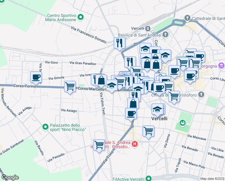 map of restaurants, bars, coffee shops, grocery stores, and more near 69-87 Corso Marcello Prestinari in Vercelli