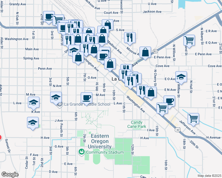 map of restaurants, bars, coffee shops, grocery stores, and more near 1508 N Avenue in La Grande