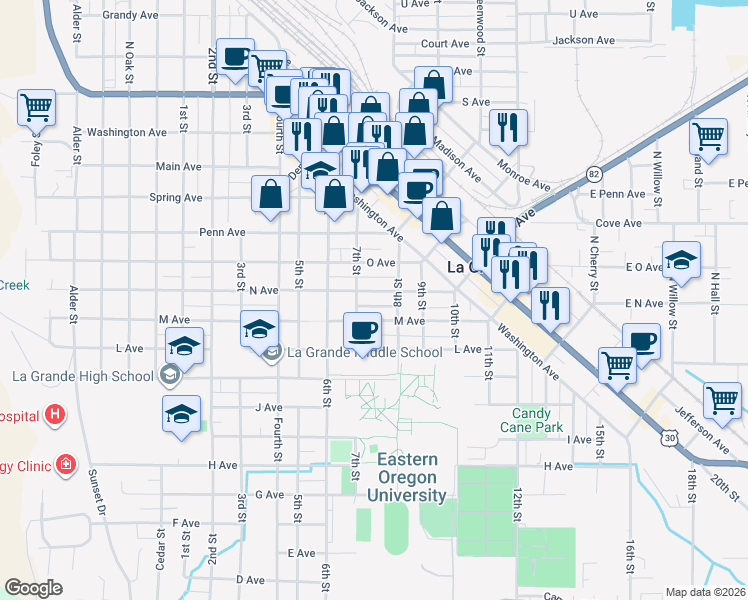 map of restaurants, bars, coffee shops, grocery stores, and more near 1309 N Avenue in La Grande