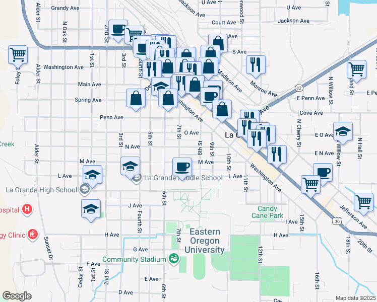 map of restaurants, bars, coffee shops, grocery stores, and more near 1309 N Avenue in La Grande
