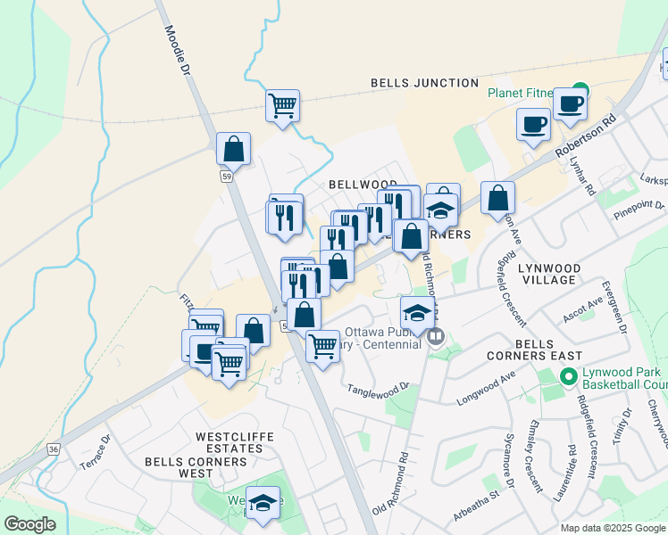 map of restaurants, bars, coffee shops, grocery stores, and more near 2055 Robertson Road in Ottawa