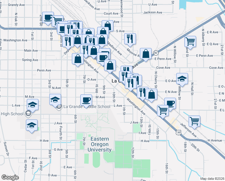 map of restaurants, bars, coffee shops, grocery stores, and more near 1508 N Avenue in La Grande