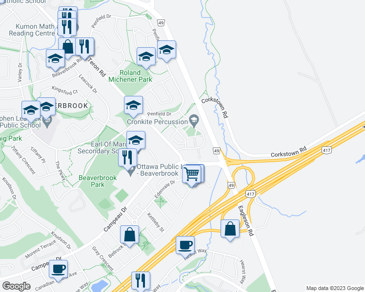 map of restaurants, bars, coffee shops, grocery stores, and more near 350 Stowe Court in Ottawa