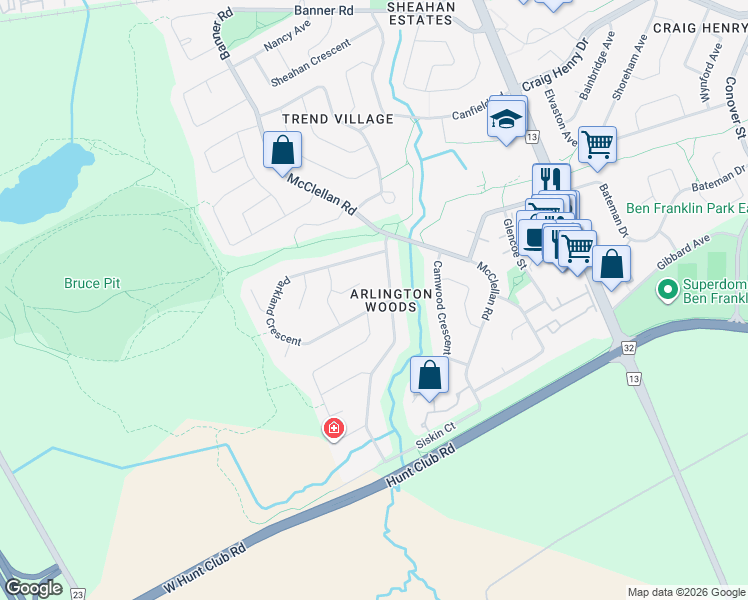 map of restaurants, bars, coffee shops, grocery stores, and more near 64 Parkland Crescent in Ottawa