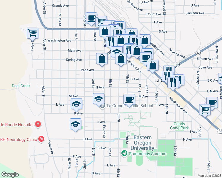 map of restaurants, bars, coffee shops, grocery stores, and more near 1108 N Avenue in La Grande