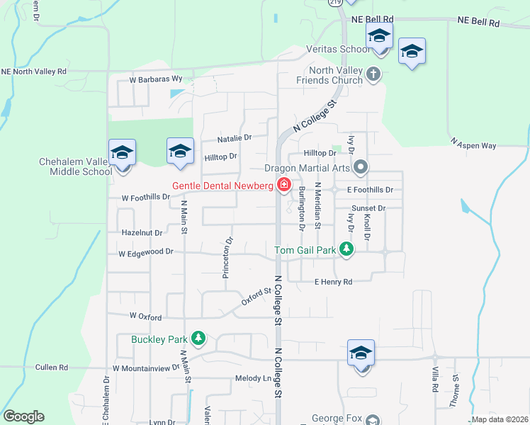 map of restaurants, bars, coffee shops, grocery stores, and more near 601 Sunset Court in Newberg