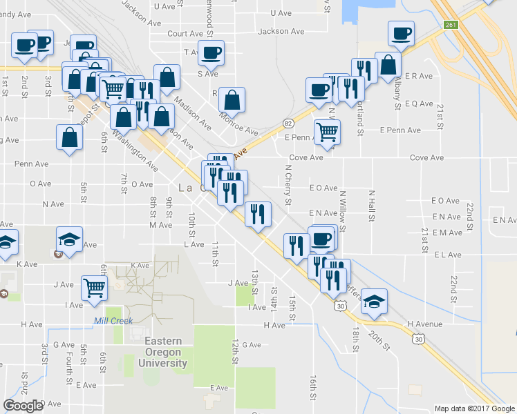 map of restaurants, bars, coffee shops, grocery stores, and more near 1901 Jefferson Avenue in La Grande