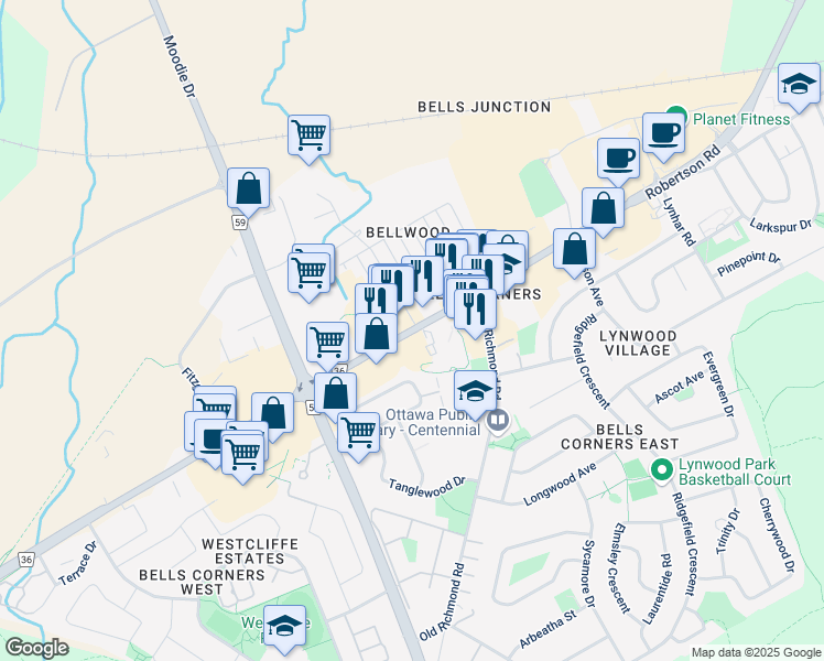 map of restaurants, bars, coffee shops, grocery stores, and more near 2039 Robertson Road in Ottawa