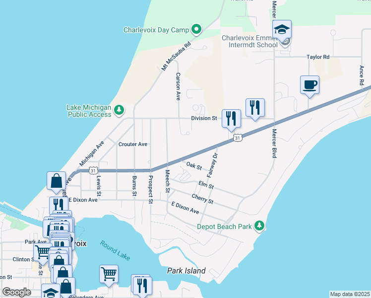 map of restaurants, bars, coffee shops, grocery stores, and more near 615 Petoskey Avenue in Charlevoix