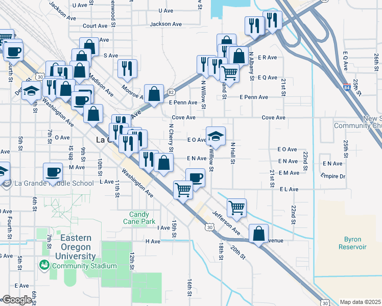 map of restaurants, bars, coffee shops, grocery stores, and more near 1911 E N Ave in La Grande