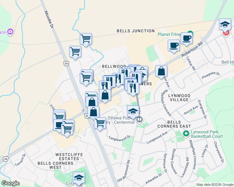 map of restaurants, bars, coffee shops, grocery stores, and more near in Ottawa