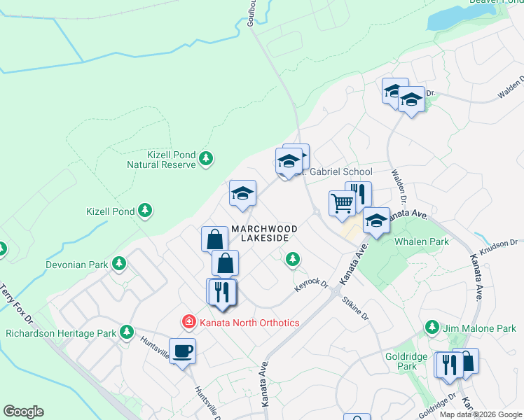 map of restaurants, bars, coffee shops, grocery stores, and more near 1189 Tischart Crescent in Ottawa