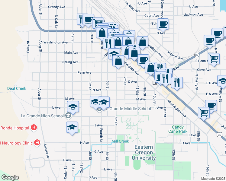 map of restaurants, bars, coffee shops, grocery stores, and more near 1108 N Avenue in La Grande