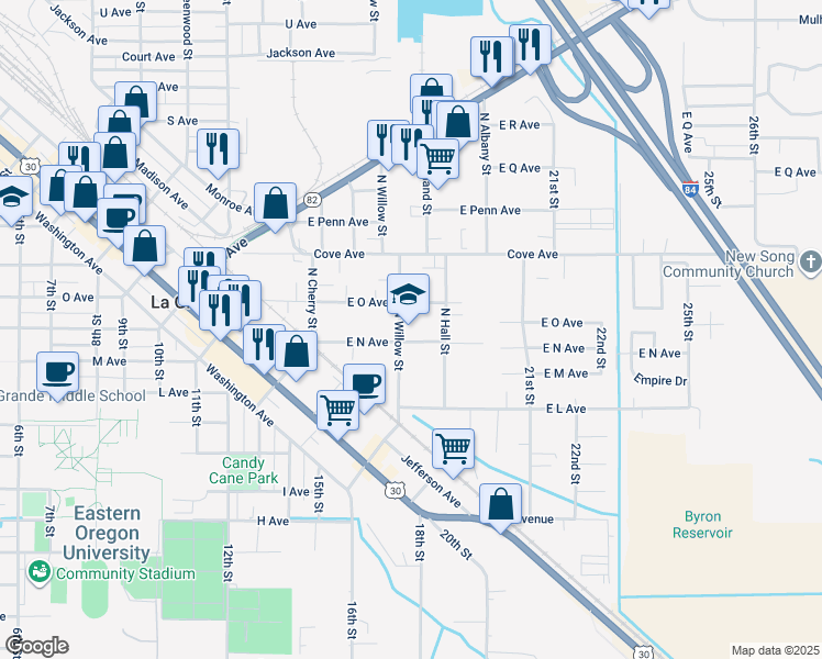 map of restaurants, bars, coffee shops, grocery stores, and more near 1305 North Willow Street in La Grande