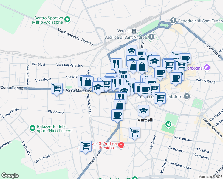 map of restaurants, bars, coffee shops, grocery stores, and more near 4 Via Aldo Maria Scalise in Vercelli