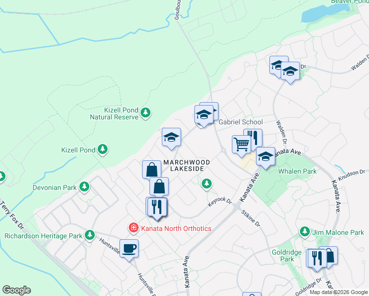 map of restaurants, bars, coffee shops, grocery stores, and more near 1189 Tischart Crescent in Ottawa