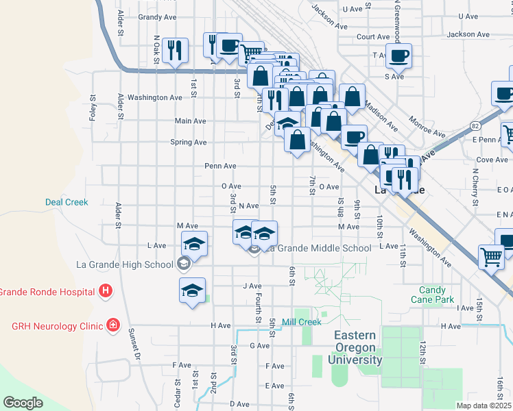 map of restaurants, bars, coffee shops, grocery stores, and more near 1402 Fourth Street in La Grande
