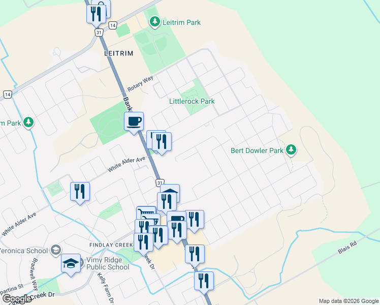 map of restaurants, bars, coffee shops, grocery stores, and more near 3072 Analdea Drive in Ottawa