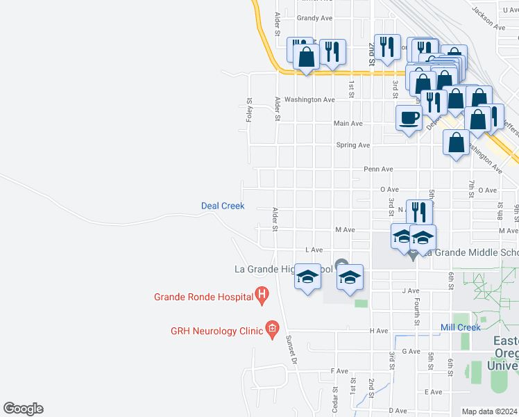 map of restaurants, bars, coffee shops, grocery stores, and more near 0 N Avenue in La Grande