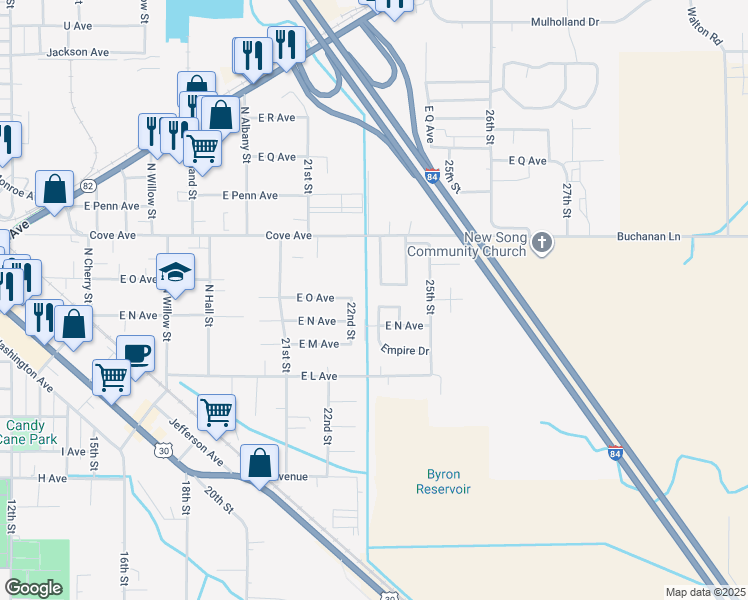 map of restaurants, bars, coffee shops, grocery stores, and more near 2416 Empire Drive in La Grande