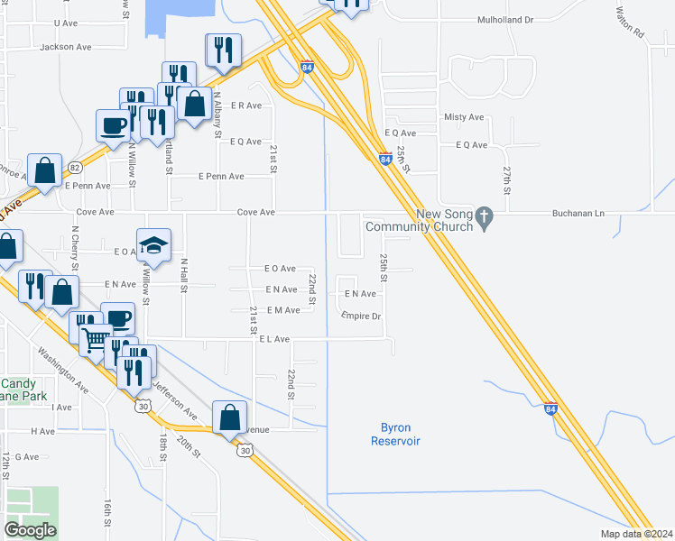 map of restaurants, bars, coffee shops, grocery stores, and more near 2414 Empire Drive in La Grande