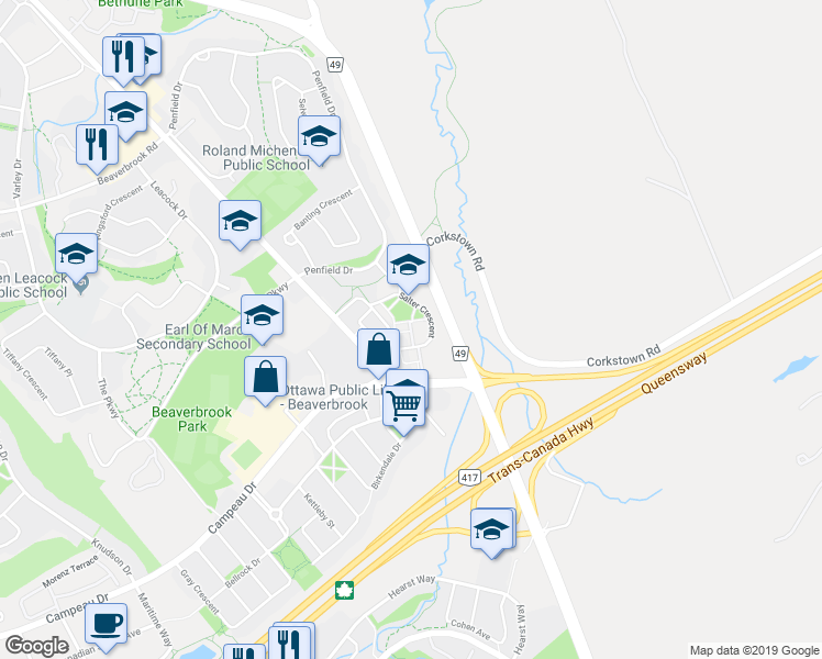 map of restaurants, bars, coffee shops, grocery stores, and more near 142 Salter Crescent in Ottawa