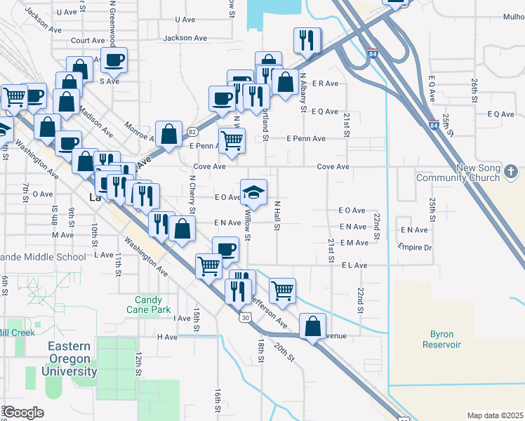 map of restaurants, bars, coffee shops, grocery stores, and more near 1305 North Willow Street in La Grande