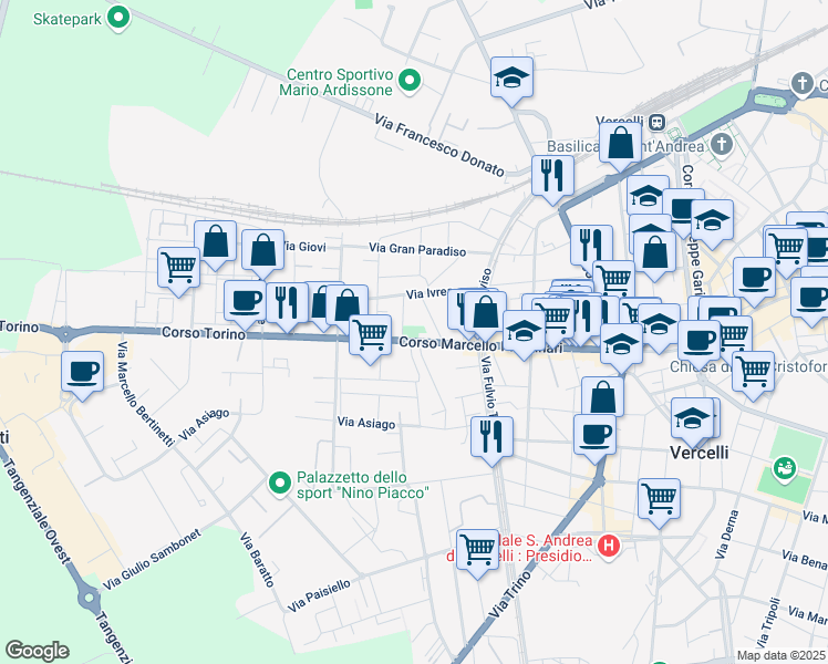map of restaurants, bars, coffee shops, grocery stores, and more near 142 Corso Marcello Prestinari in Vercelli
