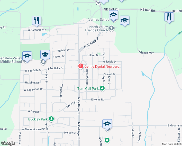 map of restaurants, bars, coffee shops, grocery stores, and more near 3300 Burlington Drive in Newberg