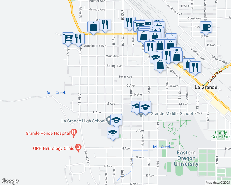 map of restaurants, bars, coffee shops, grocery stores, and more near 701 N Avenue in La Grande