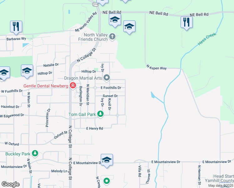 map of restaurants, bars, coffee shops, grocery stores, and more near 1223 Sunset Drive in Newberg